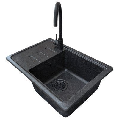 Кухонная мойка Valetti Model 35N Dark Edition (черная) со смесителем и сифоном